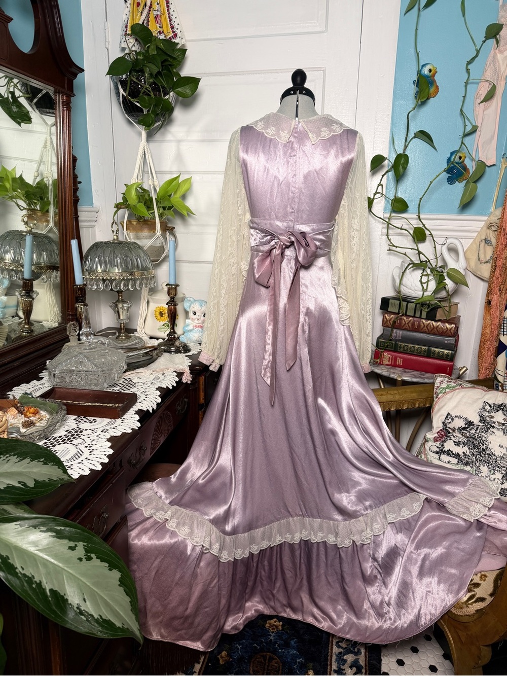 Gunne Sax by Jessica Purple/Ivory Liquid Satin Maxi,  5, altered to 7 - Picture 3 of 9